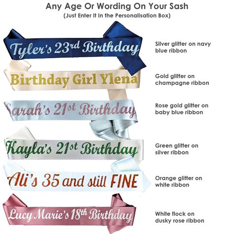 Luxury Personalised Birthday Sash, Any Age, Available in Many Colours