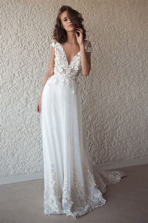 A Line Tulle Lace Appliques Wedding Dresses Short Sleeve Backless V