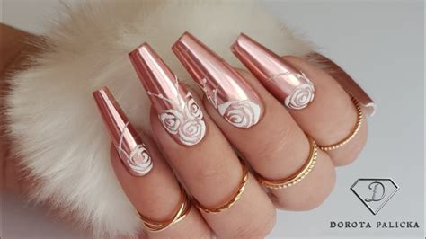 Rose Gold Nails Rose Gold Chrome Nail Art With Sugar Roses YouTube