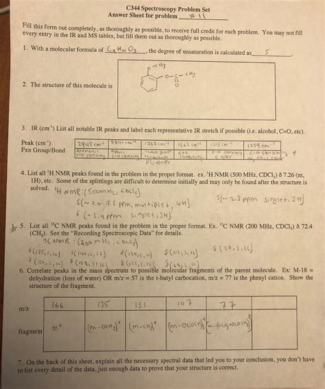 Solved C344 Spectroscopy Problem Set Answer Sheet For Chegg