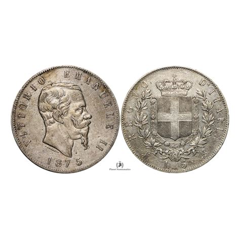 Italy 1875 M 5 Lire Vittorio Emanuele II Silver VF Planet Numismatics