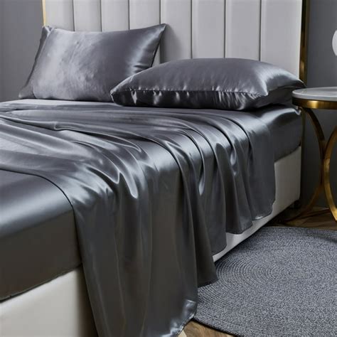 ANMINY 4-Piece Queen Silk Satin Sheet Set in Dark Gray with Deep Pocket ...