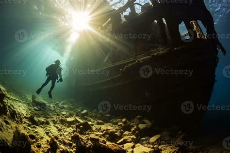 Free Diver Exploring A Shipwreck Ai Generative Stock Photo At