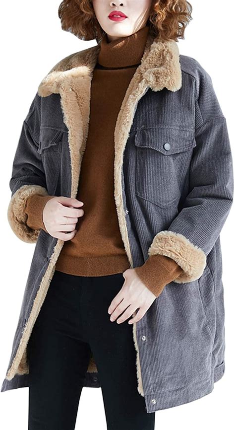 Yimoon Women S Mid Length Loose Sherpa Fleece Lined Corduroy Jacket