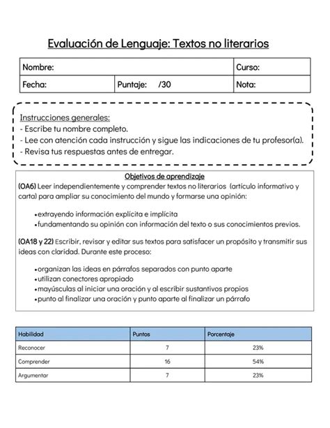 Prueba de Lenguaje Textos no literarios artículo informativo carta