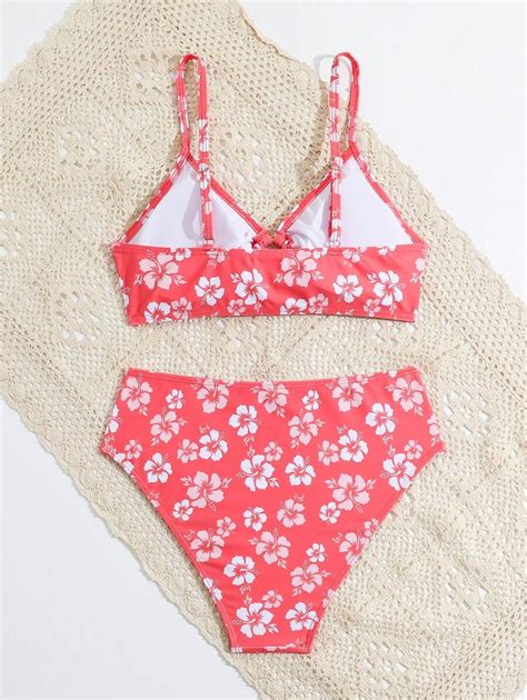 SHEIN Teen Girl Floral Printed Circle Link Bikini Set Printed Loop