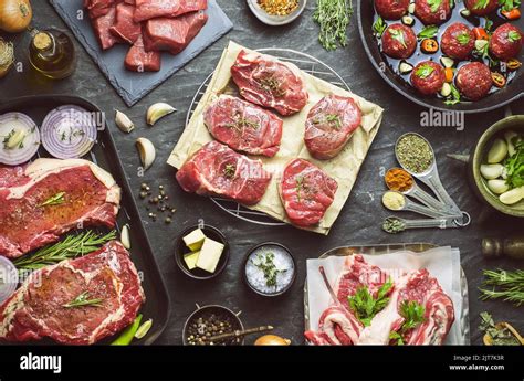 types  fresh raw meat sprinkled  seasonings