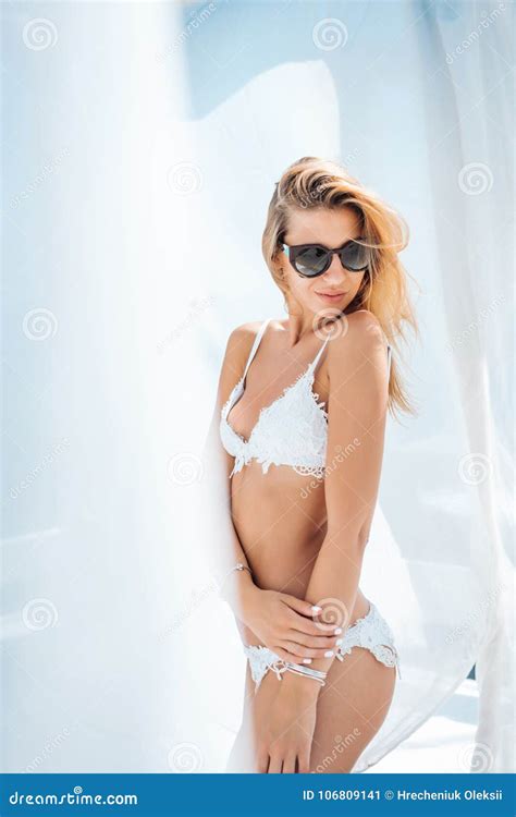 Beautiful Woman In White Bikini Stock Image Image Of Blonde Bikini