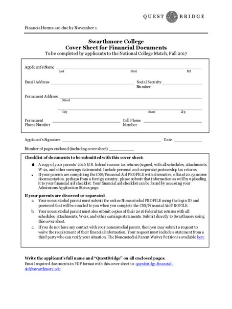 Fillable Online Swarthmore College Cover Sheet For Financial Documents