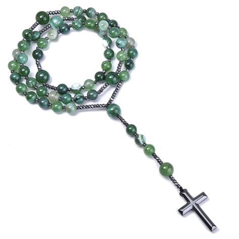 Natural Green Agate Catholic Christ Rosary Necklaces Bead Long For