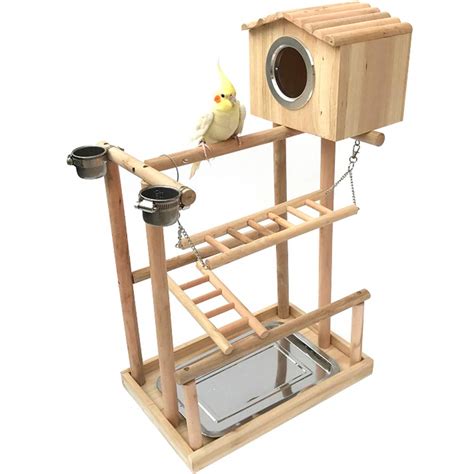 Buy Creation Core Wood Bird Perch Stand With Bird House Parrot Toy