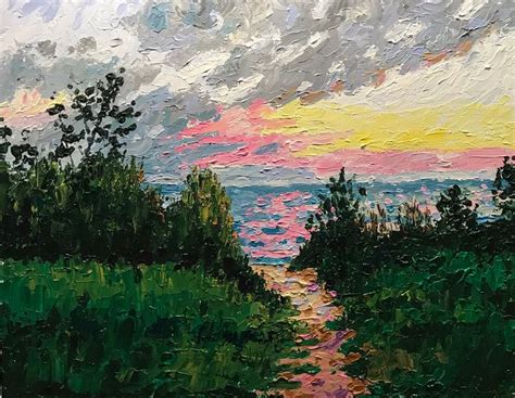 An Oil Painting Of A Path Leading To The Ocean At Sunset With Clouds In