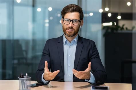 Webcam View Mature Businessman Office Talking With Colleagues Remotely Online Man Looking At