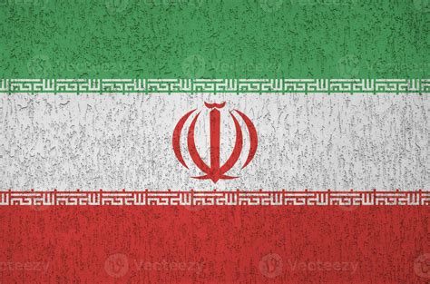 Iran Flag Depicted In Bright Paint Colors On Old Relief Plastering Wall