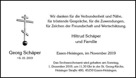 Traueranzeigen von Georg Schäper Trauer in NRW de