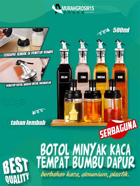 Jual GE 9 BOTOL MINYAK KACA 500ML BOTOL CUKA KECAP SET POURER PENUTUP