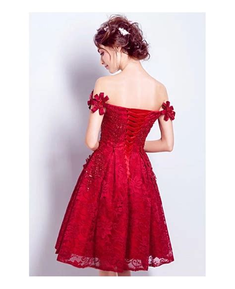 All Lace Red Short Homecoming Dress With Off Shoulder Flower Straps