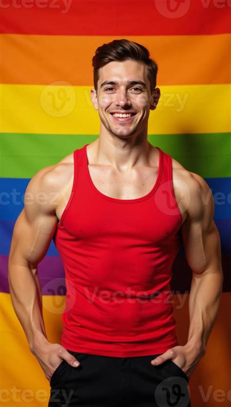 Strong Musclebound Gay Fitness Enthusiast Poses Happily Against Rainbow Backdrop 51678887 Stock