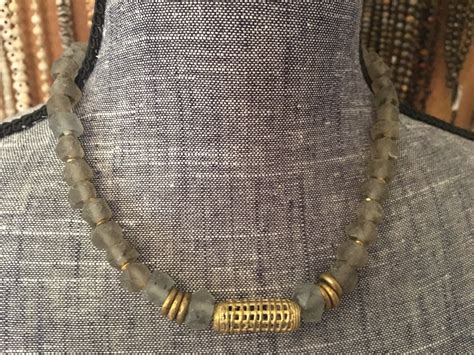 Rustic Rough Gray Tumbled Glass And African Brass Choker Etsy