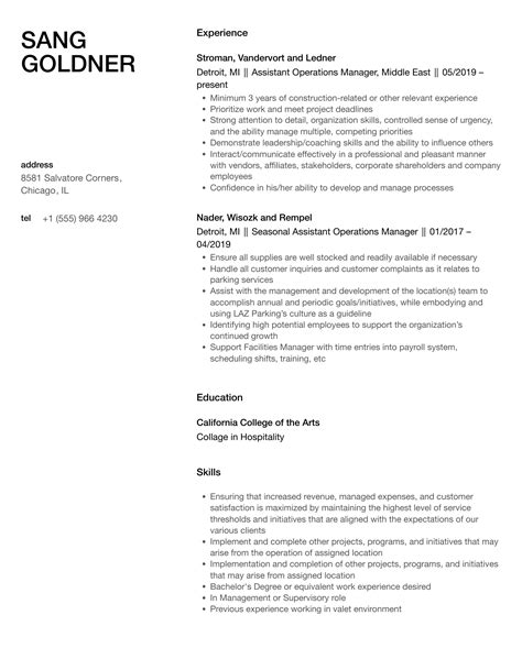 Assistant Operations Manager Resume Samples Velvet Jobs