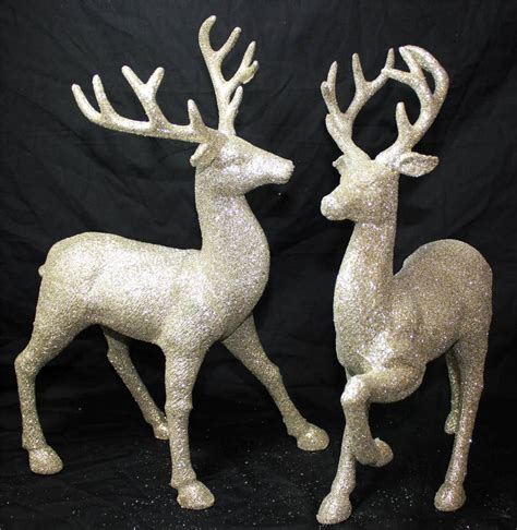 New Set Of 2 Gold Silver Glitter Christmas Reindeer Deer Statue