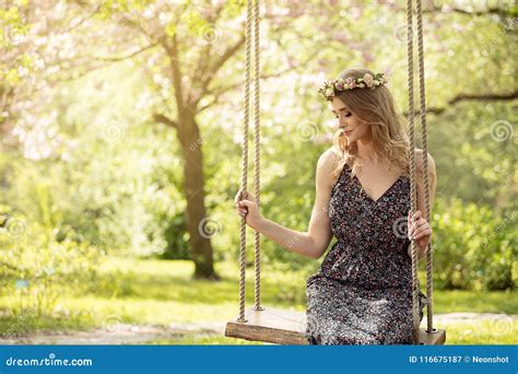 Attractive Blonde Girl In Blooming Garden Stock Image Image Of Party Leisure