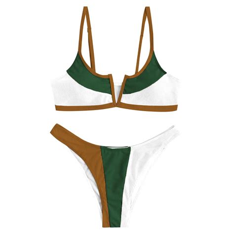 Zaful Women S V Wired Bikini Set Colorblock Ribbed Swimwear Sexy High Cut Cheeky Two Piece