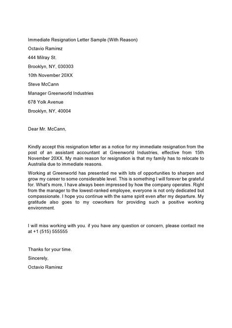 Immediate Resignation Letter Template Free