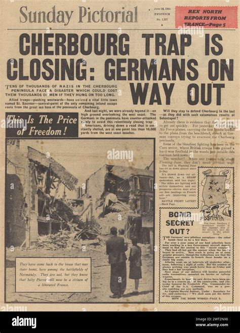 1944 Sunday Pictorial Front Page Reporting Battle Of Cherbourg Stock