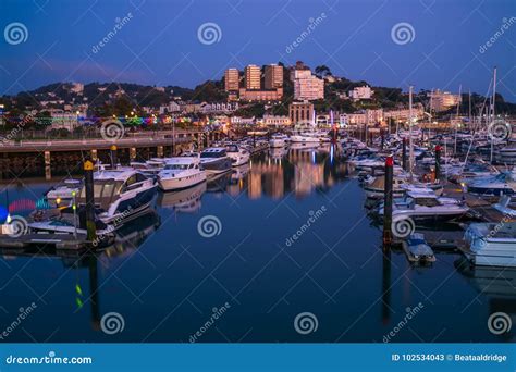 view  torquay harbor  dusk south devon uk editorial stock photo