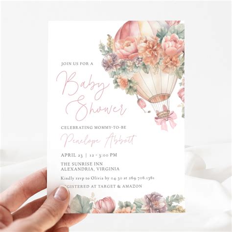 Pink Hot Air Balloon Baby Shower Invitation Editable Template Pink Baby Shower Invite Printable