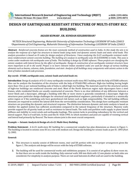 Irjet Design Of Earthquake Resistant Structure Of Multi Story Rcc Building Pdf