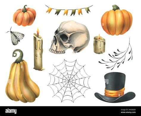 Human Skull With Black Top Hat Orange Pumpkins Cobweb Garland Flags Candles And Branches