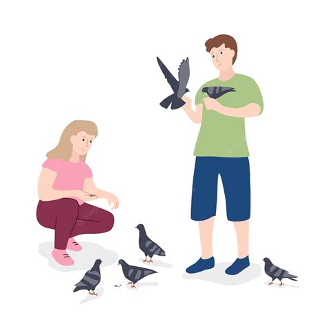 Premium Vector Boy And Girl Feed The Pigeons