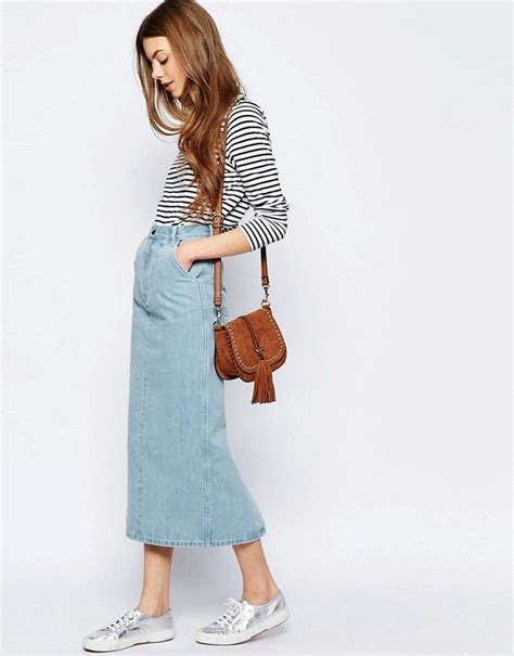 Asos Collection Denim High Waisted Slim Midi Skirt In Light Wash Blue