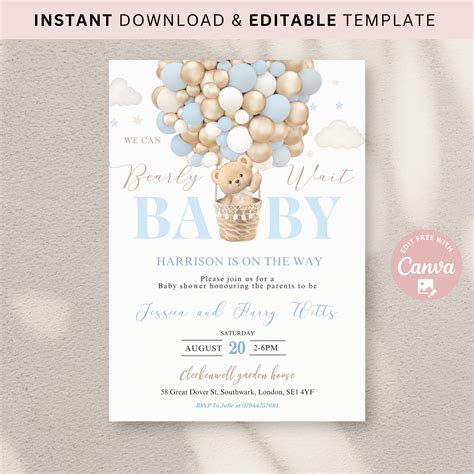 Editable We Can Bearly Wait Baby Shower Invite Hot Air Etsy
