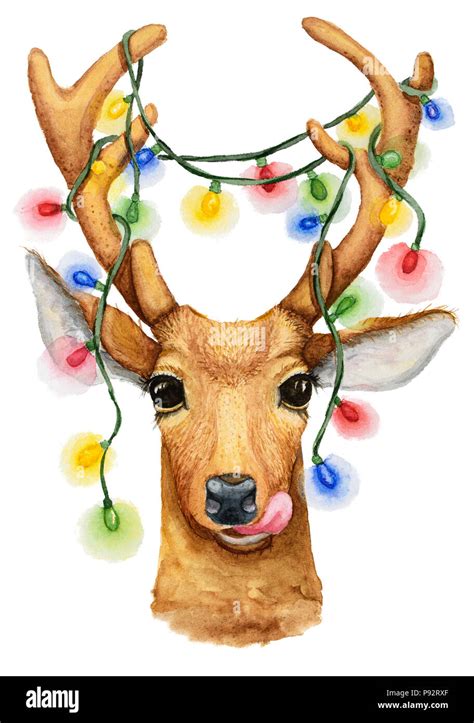 Le cerf de Noël avec une guirlande illustration Aquarelle Dessin isolé