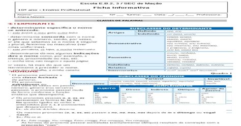 Ficha Sobre Determinantes E Pronomes Pdf Document