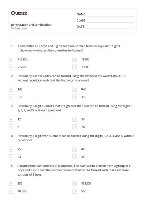 50 Permutation And Combination Worksheets On Quizizz Free And Printable