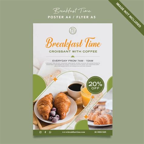 Frühstückszeit poster und flyer vorlage mit croissant design Premium