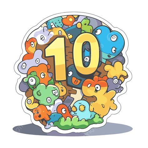 Diseño De Pegatina Para Tu Décimo Cumpleaños Con Diferentes Personajes Clipart Vector Png