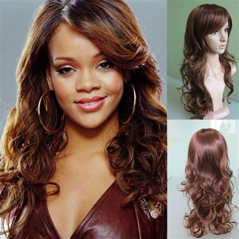 Auburn Highlights Skin Part Sexy New Vogue Long Curly Wavy Hair Wig Womens Wigs Brown Kanekalon