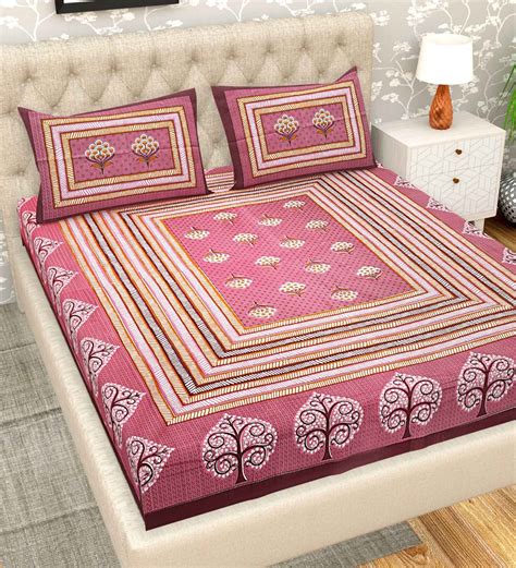 Buy Pink Geometric Tc Cotton Double Queen Sized Bedsheet With