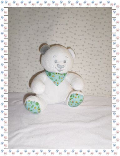 Doudou Peluche Ours Blanc Gris Bandana Vert Imprim Musti De