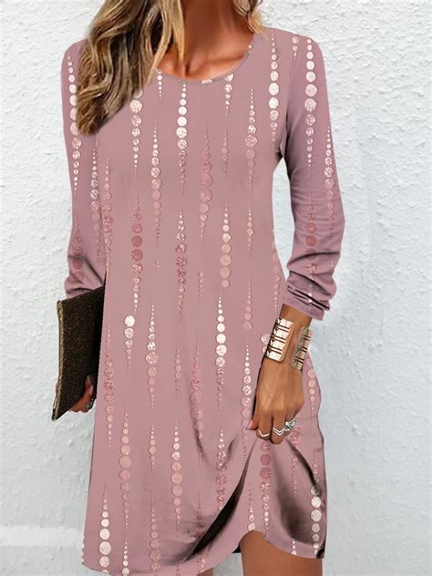 Womens Long Sleeve Spring Fall Geometric Jersey Dress Crew Neck Daily