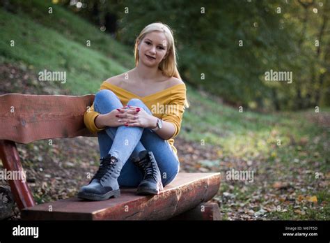 Blonde Girl On Park Bench Hi Res Stock Photography And Images Alamy