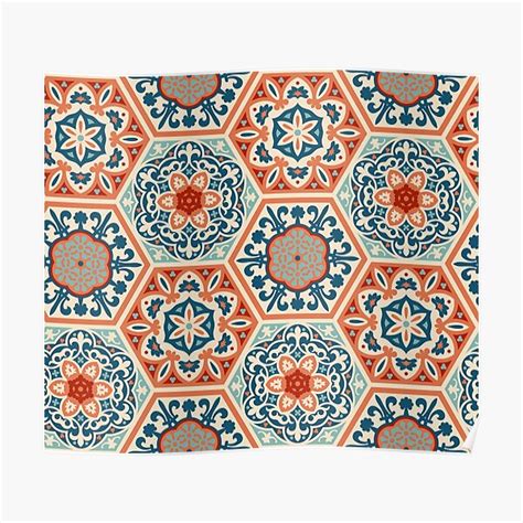 PATCHWORK Tiles 01 Terracotta Orange And Teal Blue Poster For Sale