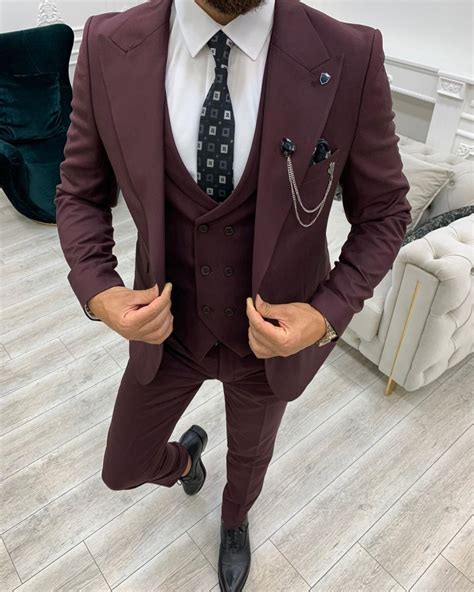 Burgundy Slim Fit Wide Peak Lapel Suit For Men By