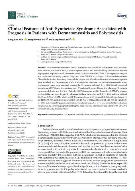 Pdf Clinical Features Of Anti Synthetase Syndrome Associated With Prognosis In Patients With