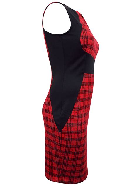 Praslin Praslin Red Check Print Curvy Contrast Panel Illusion Pencil Dress Plus Size 1